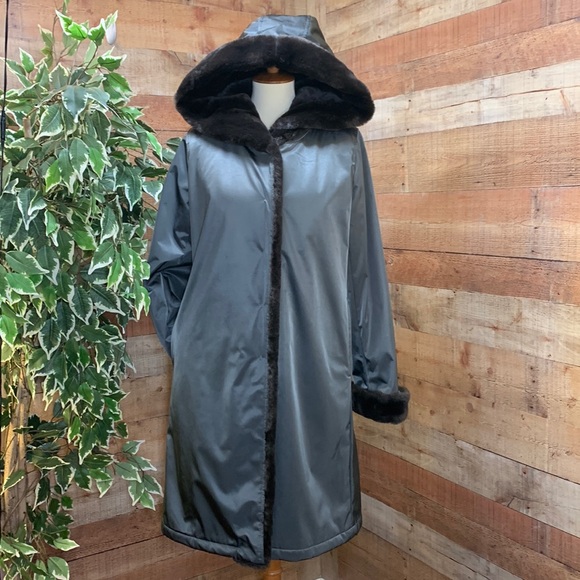 Jane Post Jackets & Coats Jane Post Steel Grey Faux Fur Trim